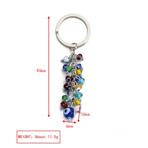 Detailed size specifications for evil eye keychain with colorful 10mm glass beads