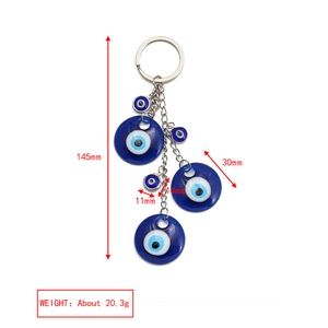 Blue Evil Eye keychain with dimensions 145mm length and 30mm glass pendant charms