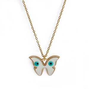 Golden alloy butterfly pendant necklace with white evil eye pattern on a plain background