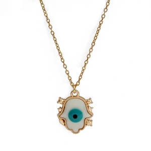Golden Hamsa Hand necklace with blue Evil Eye pendant and elegant O-chain for women