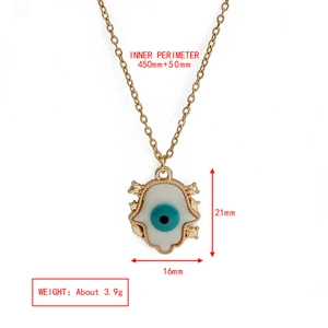 Detailed view of evil eye necklace with Hamsa hand pendant dimensions and gold chain