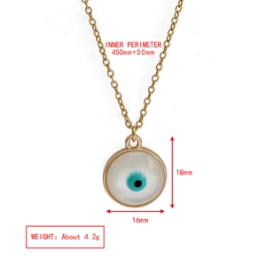 Detail view of Evil Eye pendant necklace with dimensions 18mm by 16mm and golden chain