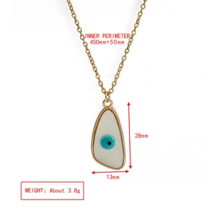 Detail view of gold alloy evil eye teardrop necklace with full size and weight dimensions
