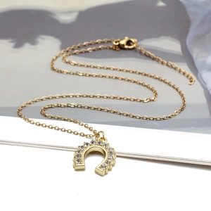 Elegante collana con ciondolo a ferro di cavallo dorato e cristalli brillanti su sfondo