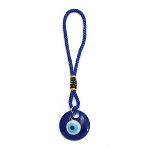 Detail view of blue Evil Eye pendant with woven lanyard and colorful cord accents