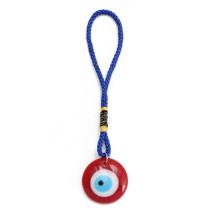 Detail of red Evil Eye pendant with dark blue braided cord for car hanging ornaments