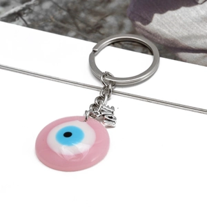 Portachiavi malocchio rosa con ciondolo love argento e anello in lega su pietra naturale