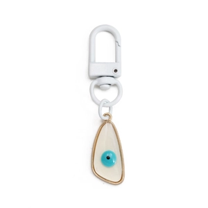 Evil Eye palm pendant keychain with white D-ring buckle and blue enamel eye detail