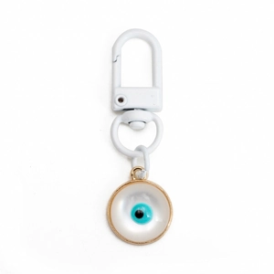 Evil Eye palm pendant keychain with white lobster clasp and golden pearlized finish