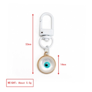 Detailed size specifications for evil eye palm pendant keychain showing 53mm length