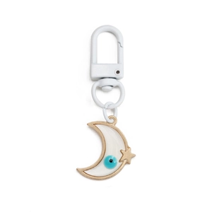 Bohemian gold crescent moon keychain with evil eye bead and white metal clasp