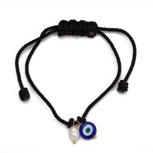Handcrafted black braided evil eye bracelet with baroque pearl and blue glass bead charm