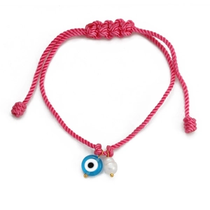 Detail of pink woven rope bracelet with evil eye charm and white baroque pearl
