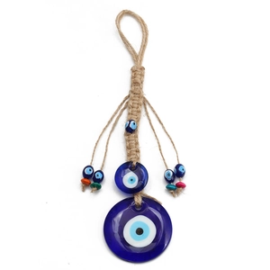 Handmade Hamsa Hand and Evil Eye hanging ornament with blue glass beads and jute rope