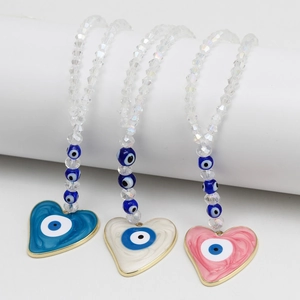 Porte-clés Coeur en Alliage et Perles de Cristal Bohème Pendentif Oeil du Diable Accessoire de Sac et Miroir de Voiture