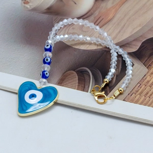 Pendentif cœur perlé mauvais œil fait main pour rétroviseur et porte-clés