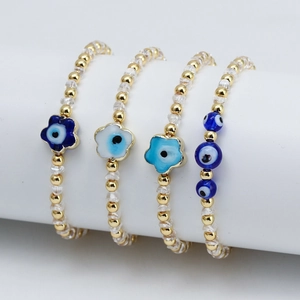 Bracelet Perlé Mauvais Œil Bohême Cuivre Plaqué Or Cristal Charme de Protection Bijoux Femmes Style Ethnique Élastique