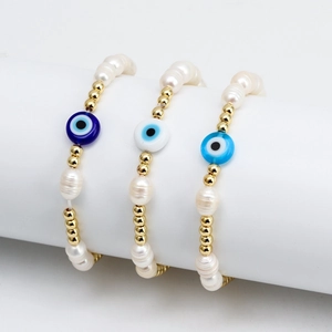 Bohemian Evil Eye Artificial Baroque Pearl Bracelet For Women Men Gold Plated Copper Beads Turkish Amulet Elastic Hand Jewelry