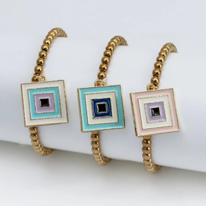 Bracelet Bohème Perles Dorées Mauvais Œil pour Femme Alliage Hématite Émail Géométrique Carré Rond Charme Élastique Bijoux Cadeau
