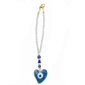 Pendentif coeur Mauvais Œil avec perles en verre bleues et fermoir mousqueton doré