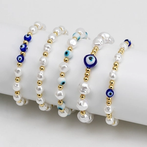 Bohemian Evil Eye Beaded Bracelet Accessory Baroque Style Plastic Artificial Pearl Copper Gold Color Elastic Jewelry For Women Daily Vacation