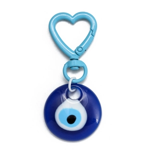 Blue heart-shaped clasp keychain with classic round evil eye pendant for car keys