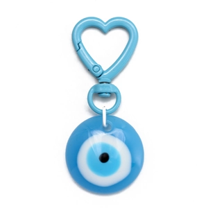Close-up of sky blue heart lobster clasp and Nazar evil eye pendant keychain