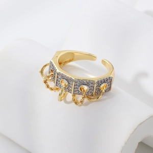 Minimalist gold geometric open ring with sparkling stones and dangling hoop accents