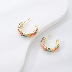 Fashionable golden C-shaped hoop earrings with colorful rectangular zircon stones