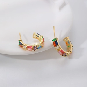 Chic gold-plated C-shaped earrings with colorful rectangular zircon gemstones in rainbow style