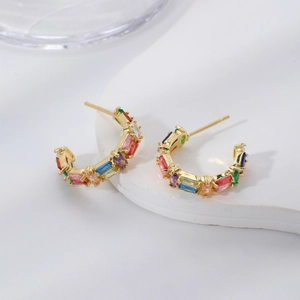Colorful zircon C-shaped hoop earrings with gold-plated base and rainbow baguette gems
