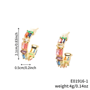 Colorful zircon C-shaped earrings with gold plating and rainbow gemstone gradient detail