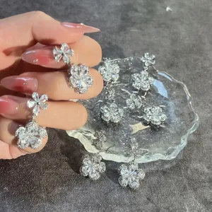 Elegant Copper Zirconia Double Flower Drop Earrings For Women Fashion Plum Blossom Long Dangle Earrings Jewelry Gift