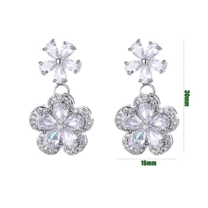 Elegant silver plum blossom zircon earrings with symmetrical floral design, size 30mm x 16mm