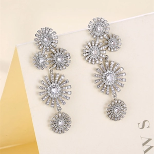 Elegant long silver sunflower tassel earrings with sparkling cubic zirconia stones