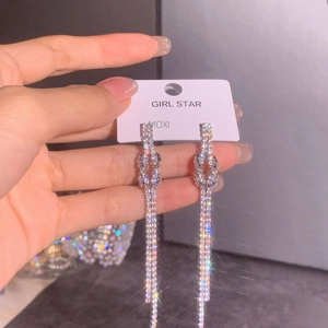 Elegant Silver Long Tassel Stud Earrings For Women With Zirconia Inlaid Knot Design Fashion Jewelry Commuter Accessories