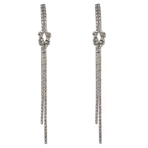 Long silver tassel earrings with crystal knot design and hanging diamond-studded fringes