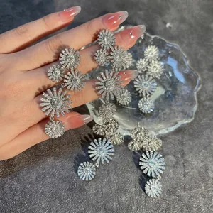 Elegant Copper Zirconia Flower Long Drop Earrings Vintage Daisy Sunflower Dangle Earrings For Wedding Party Women Jewelry