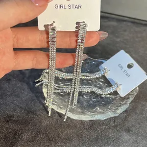 Vintage Luxurious Cubic Zirconia Long Tassel Drop Earrings For Women Rose Gold Geometric Bridal Wedding Banquet Party Jewelry