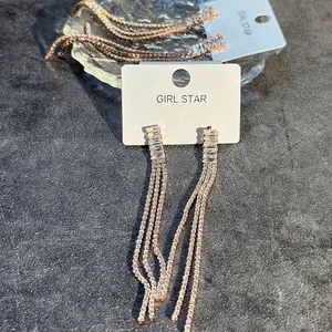Elegant rose gold tassel earrings featuring rectangular cut crystals and shimmering chains