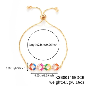 Adjustable gold bracelet featuring five colorful square cubic zirconia stones with measurements