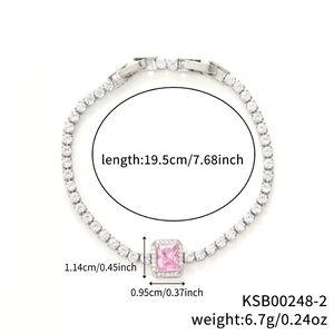 Detail view of silver tennis bracelet with pink zircon stone and measurement data