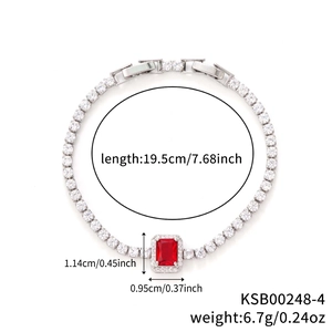 Tennis bracelet with silver plating, round micro-pave zircons and emerald-cut red stone