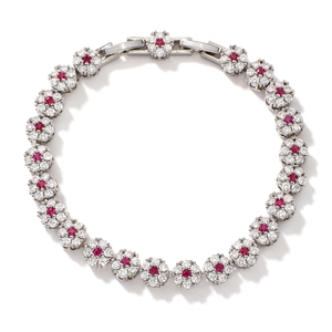 Elegante pulsera vintage de flores con circones rojos y baño de plata para mujer