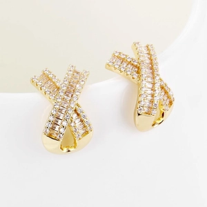Minimalist gold geometric X-shaped earrings with sparkling cubic zirconia inlay
