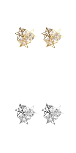 Detailed view of hollow star stud earrings with brilliant cubic zirconia in gold and silver