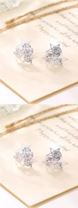 Macro shot of silver pentagram hollow earrings with sparkling cubic zirconia on card