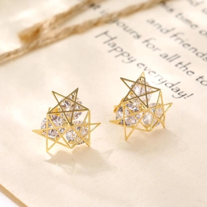 Geometric Hollow Star Stud Earrings With Zirconia Inlaid Copper Earring Post Silver Plated Korean Style Jewelry For Women