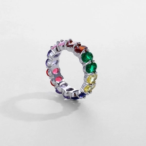 Rainbow eternity ring with multi-colored round-cut zircons in a silver metal band