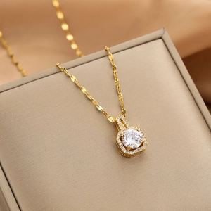 Elegant gold-plated chain necklace featuring a square halo zircon pendant for women